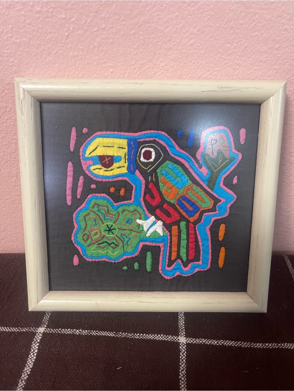 Handmade Kuna Mola Textile Framed Panama Toucan Folk Art Wall Hanging Vintage